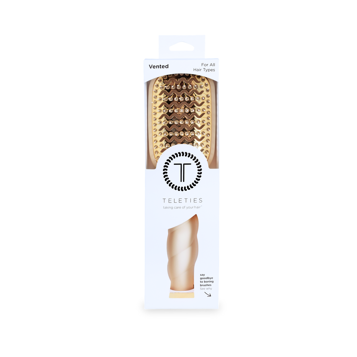 Vented Hair Brush in beige “TELETIES” packaging, featuring a curved, open design and quick-heat aluminum plate visible through the clear window. Available in multiple sizes.