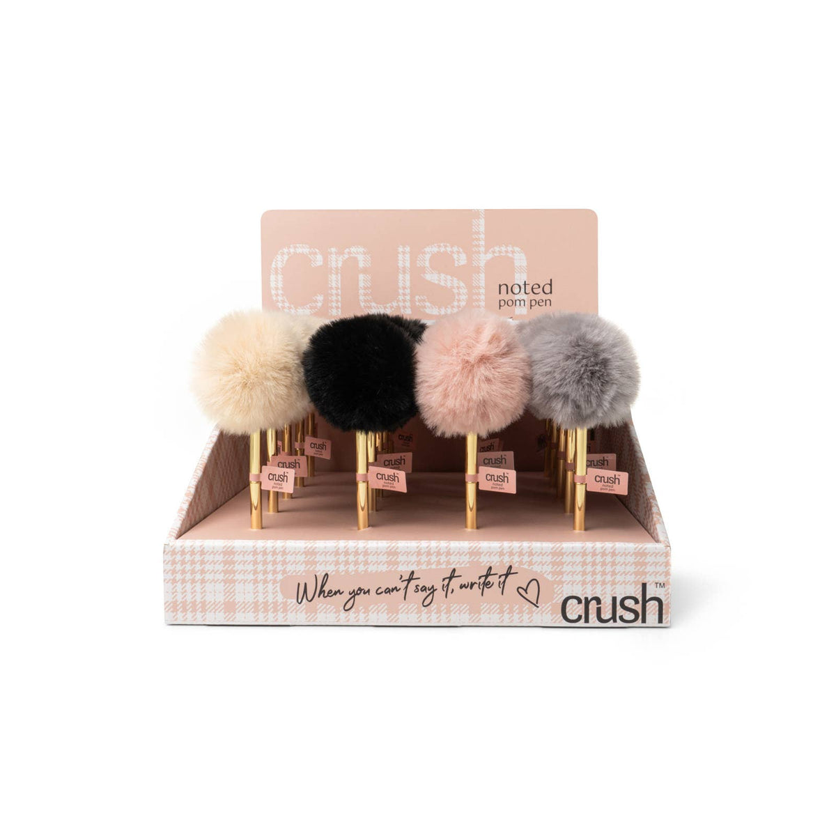 Crush Noted Pom Pens with fluffy pom-pom toppers in beige, black, light pink, or gray and sleek goldtone barrels. Black ballpoint ink. Available in standard pen size only.
