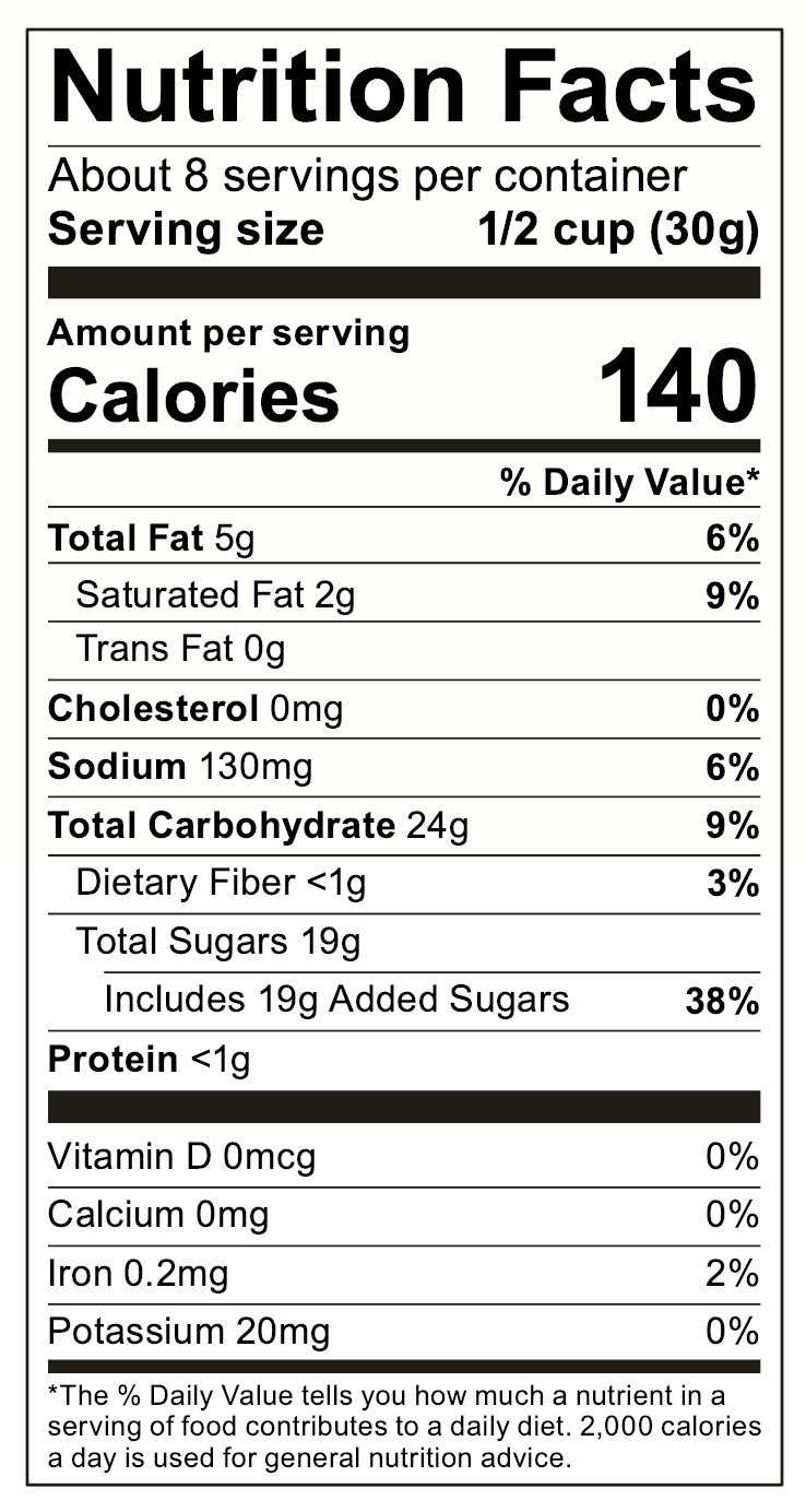 Funnel Cake Popcorn nutrition facts per 1/2 cup (30g) serving. Available in snack, medium, and family-size bags.