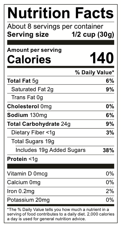 Funnel Cake Popcorn nutrition facts per 1/2 cup (30g) serving. Available in snack, medium, and family-size bags.