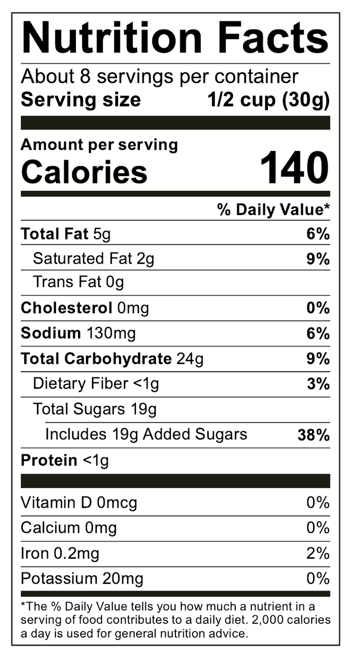 Funnel Cake Popcorn nutrition facts per 1/2 cup (30g) serving. Available in snack, medium, and family-size bags.