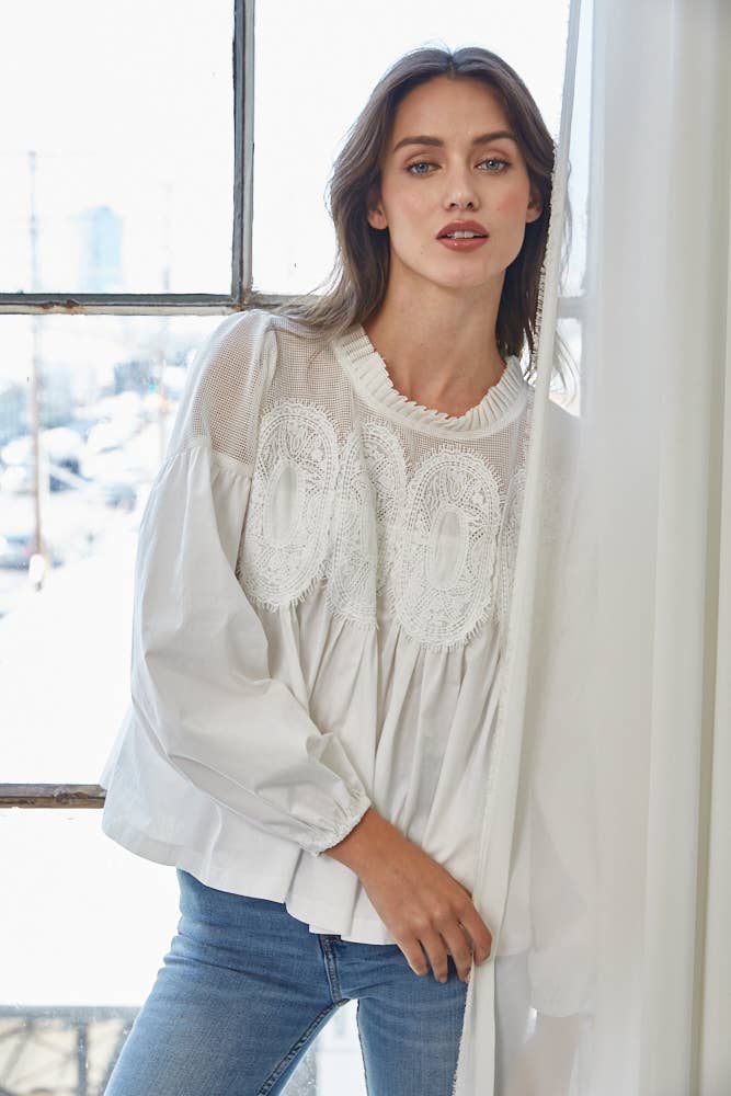 Lace Appliqué Detail Mixed Media Long Sleeve Blouse