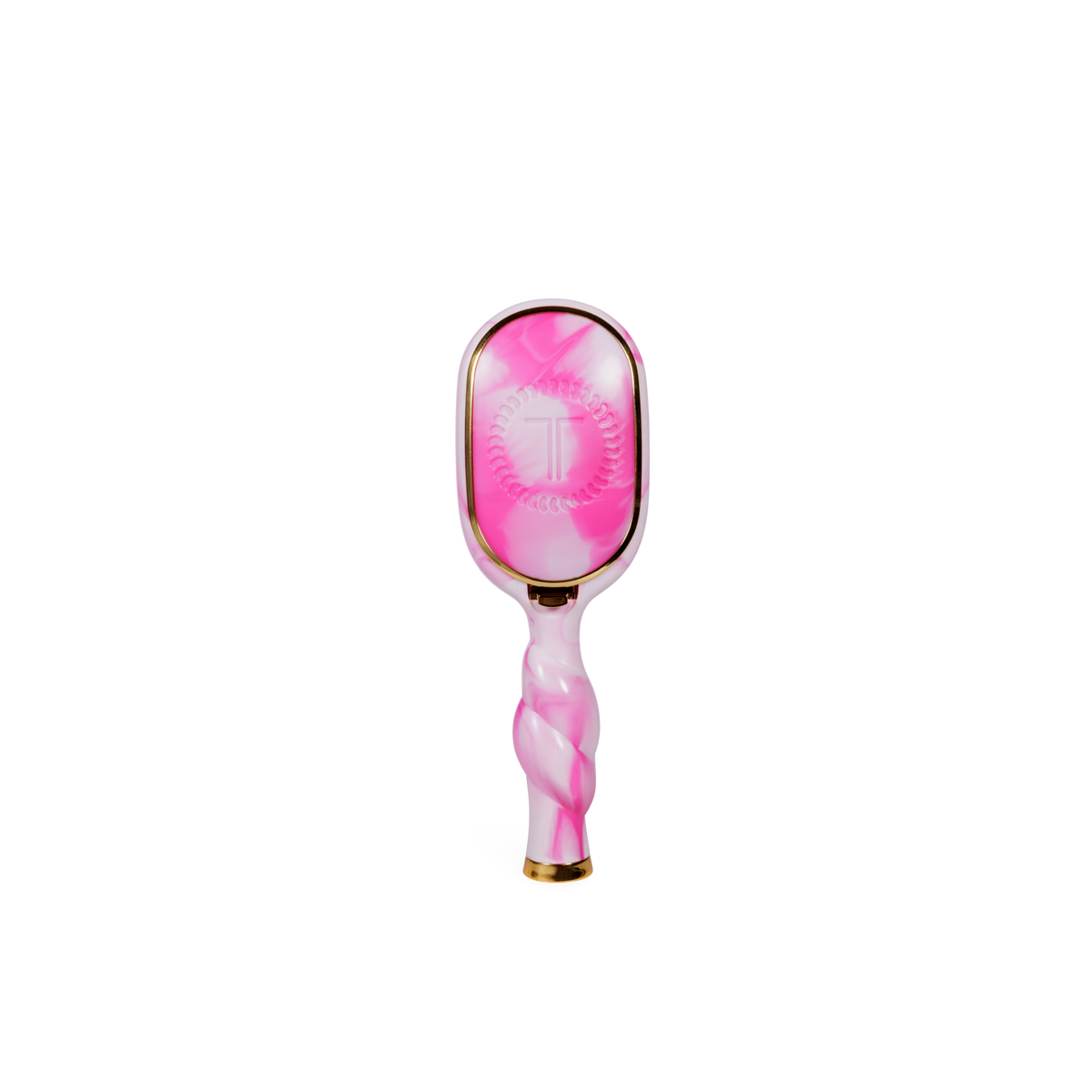 Mini Detangler Brush in “Pinch Me!” style with pink and white colors, shiny marbled handle, and gold accents. Available in mini size.