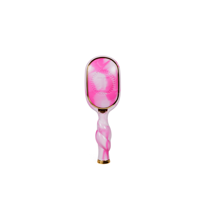 Mini Detangler Brush in “Pinch Me!” style with pink and white colors, shiny marbled handle, and gold accents. Available in mini size.