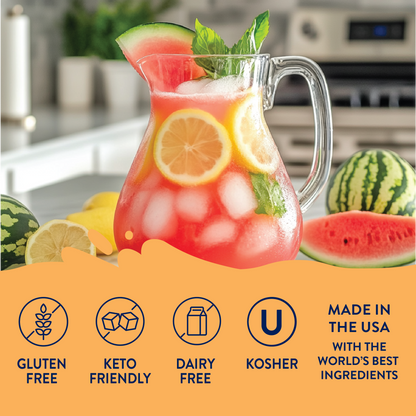 Sugar Free Watermelon Lemonade Syrup Concentrate. Gluten-free, keto, dairy-free, kosher. "MADE IN THE USA WITH THE WORLD'S BEST INGREDIENTS." Sizes: 16 oz, 32 oz.