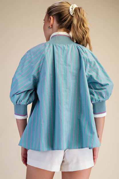 Mint Mock Neck Band Puff Sleeve Blouse