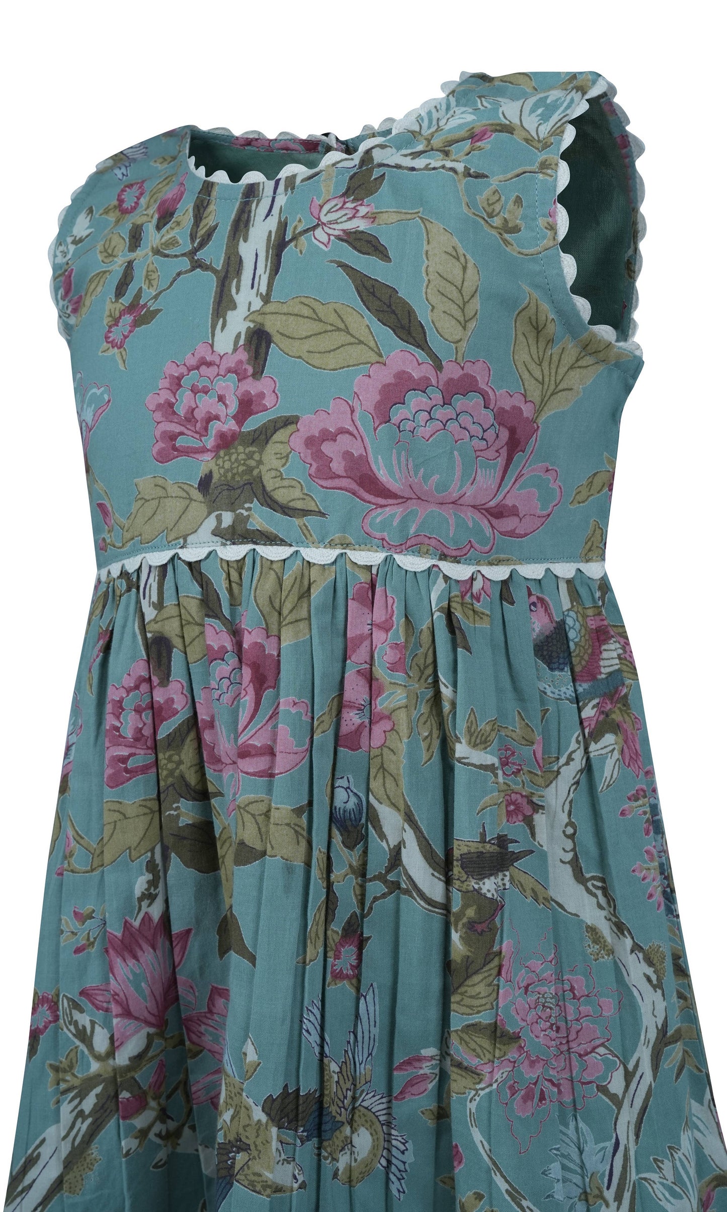 Infant sleeveless Sara Floral Dress in Sage, blue-green with floral print, white scalloped trim; available in multiple sizes.