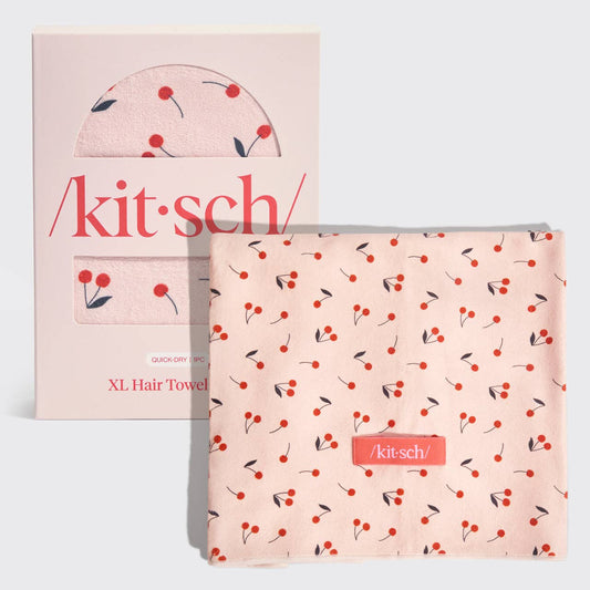 XL Hair Towel Wrap in pink with red cherry print, quick-drying. Size: XL.