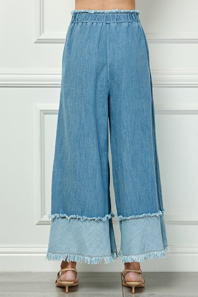 Fringe Detail Wide Denim Pants in light blue with frayed hems, layered fringe at bottom. Sizes: XS, S, M, L, XL.