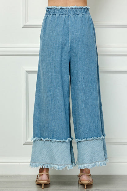 Fringe Detail Wide Denim Pants in light blue with frayed hems, layered fringe at bottom. Sizes: XS, S, M, L, XL.