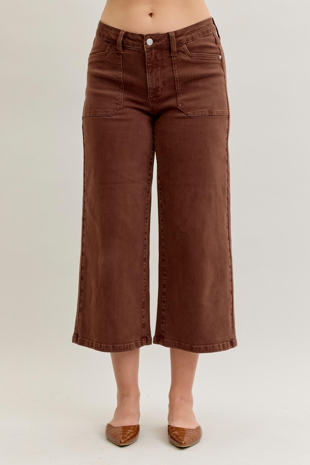 Judy Blue MR Crop Garment Dyed Utility Pocket Jeans in maple brown with front pockets, cropped hems. Sizes: 0-20.