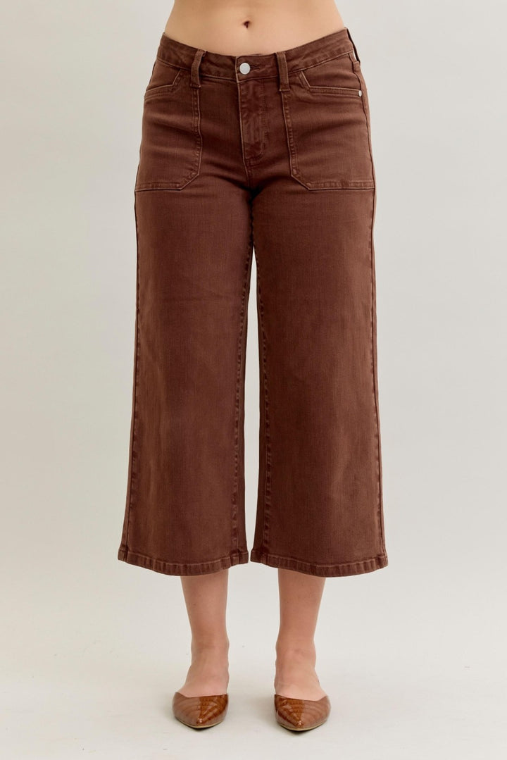 Judy Blue MR Crop Garment Dyed Utility Pocket Jeans in maple brown with front pockets, cropped hems. Sizes: 0-20.