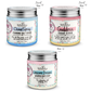 Three 3.2oz BeBella Beuca jars: Ocean Spray Salt Scrub (blue), Goddess Sugar Scrub (pink), Unicorn Dreams Whipped Soap (purple).