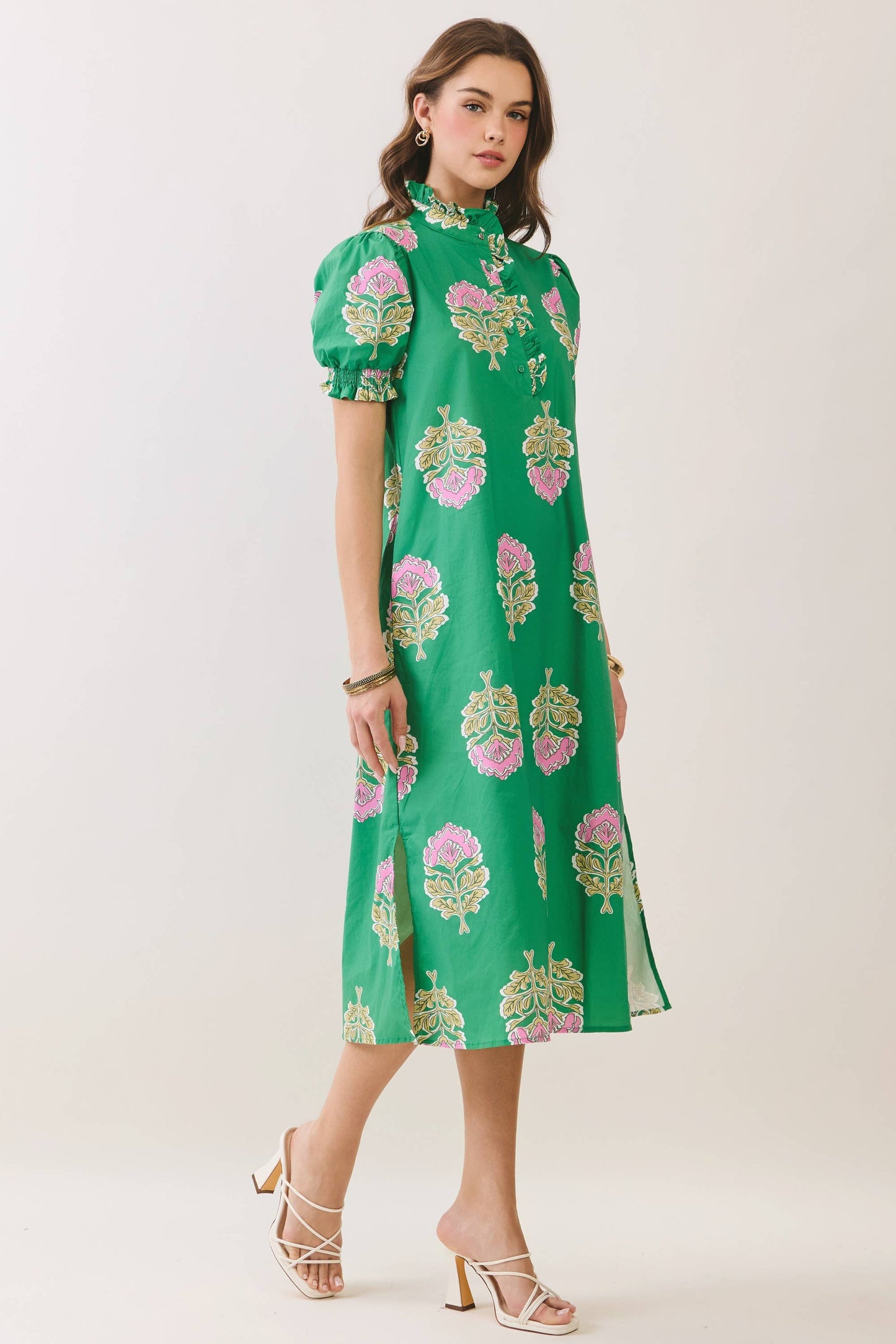 Green Floral Print Ruffle Collar Midi Dress