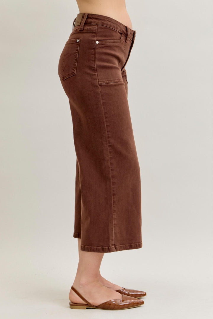 Judy Blue MR Crop Garment Dyed Utility Pocket Jeans in maple brown. Available in sizes 0-24.