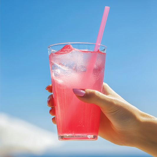 Glass of pink iced drink made with Sugar Free Watermelon Lemonade Syrup Concentrate, available in 16oz and 32oz sizes.