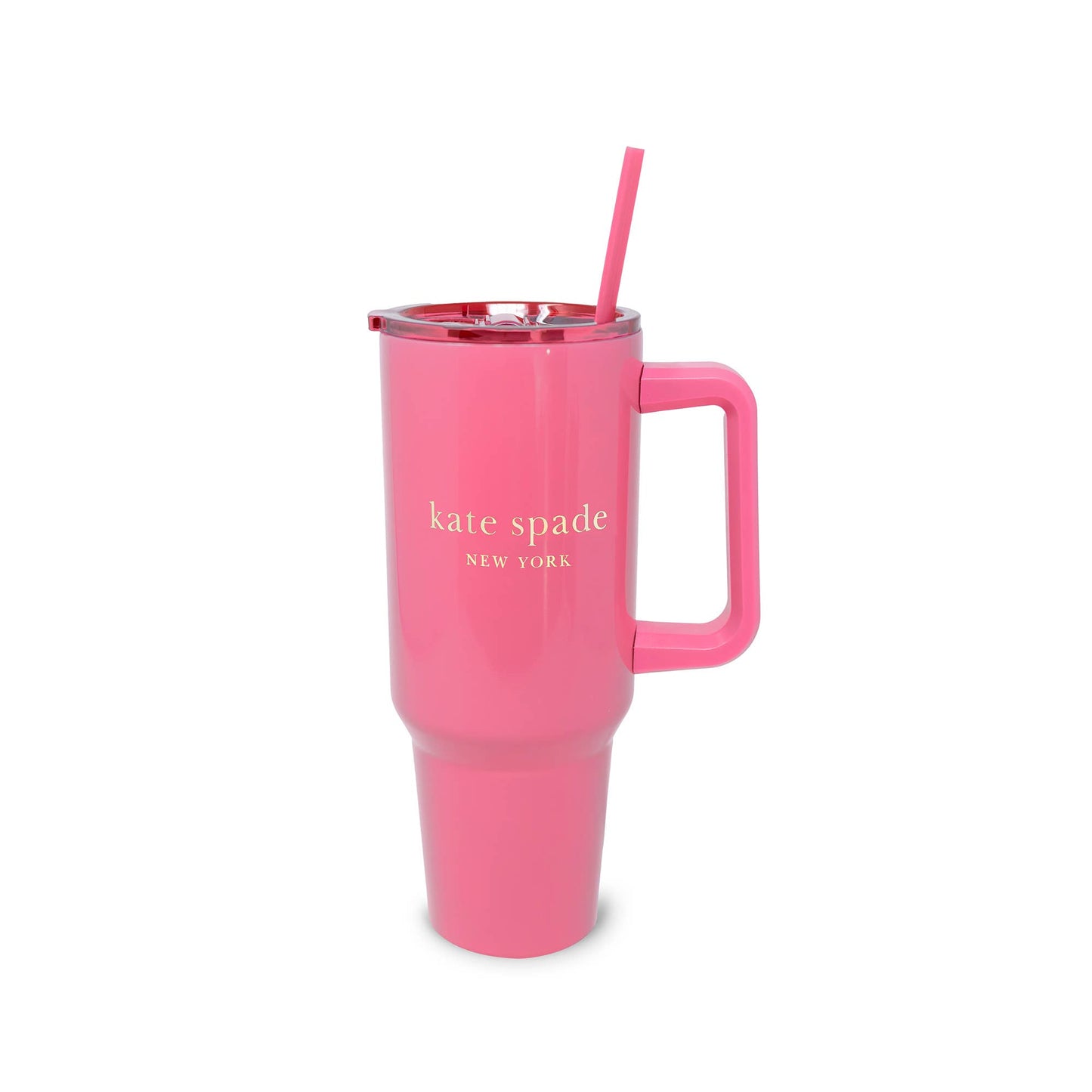 Pink 40 oz stainless steel tumbler with handle, matching lid, straw, and “kate spade NEW YORK” in white on front.