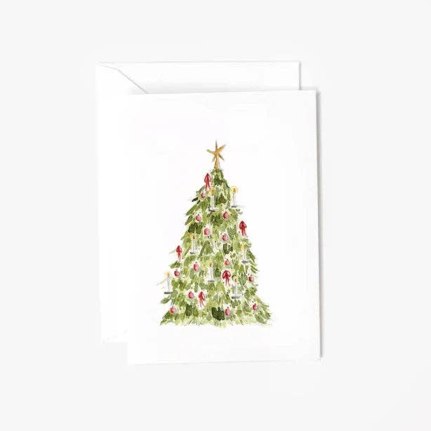 Nutcracker tree mini enclosure notecard with watercolor Christmas tree, ornaments, ribbons, candles, and star. Available in mini size.