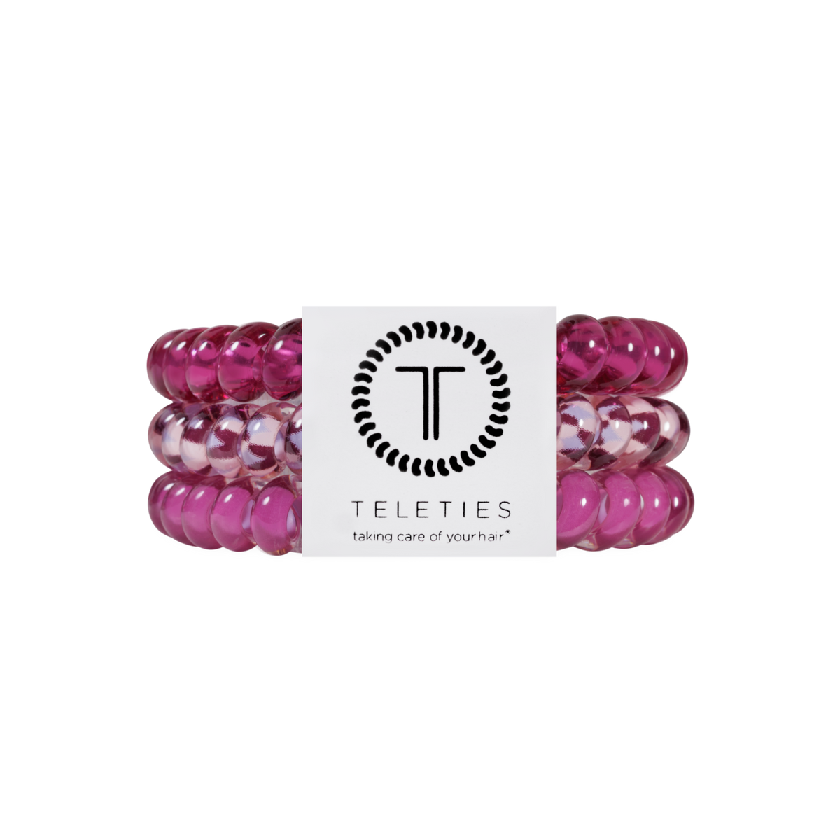 Set of three small Merlot after Midnight hair ties in rich pink, wrapped with a white TELETIES label and slogan. No-crease design, available in size small.