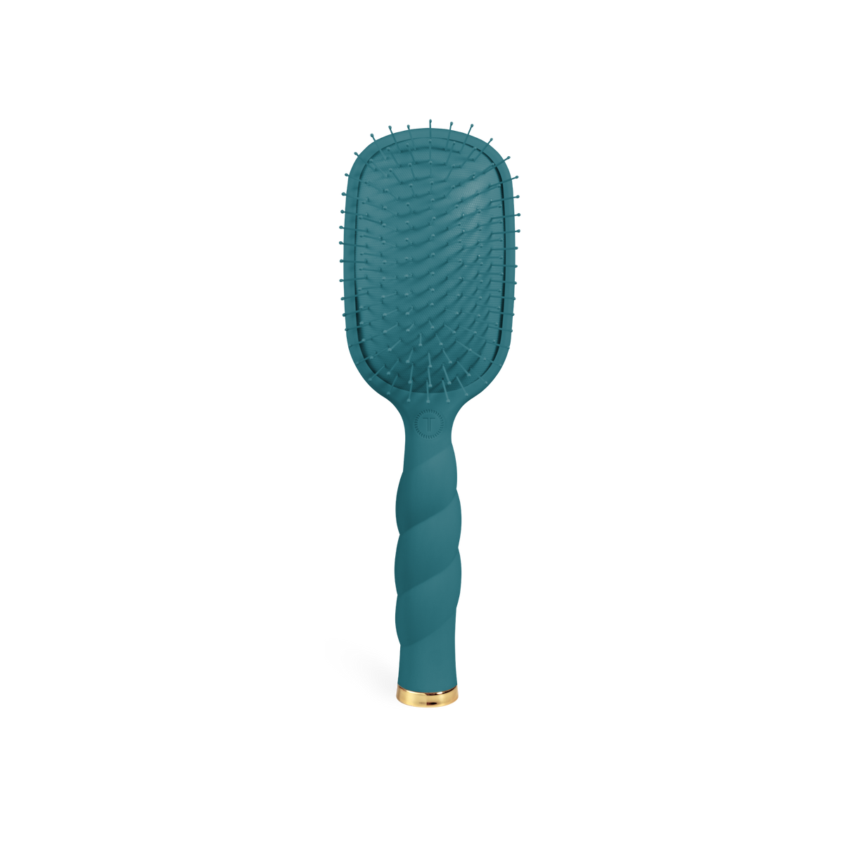 A Detangler Hair Brush for Medium Hair - Teal With It, with a twisted handle featuring a gold accent at the base, flexible bristles, and a rectangular brush head. Available in medium size.
