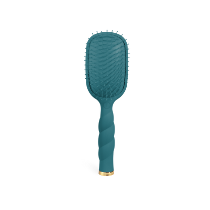 A Detangler Hair Brush for Medium Hair - Teal With It, with a twisted handle featuring a gold accent at the base, flexible bristles, and a rectangular brush head. Available in medium size.