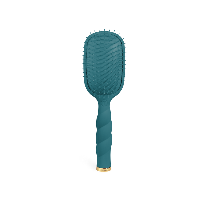 A Detangler Hair Brush for Medium Hair - Teal With It, with a twisted handle featuring a gold accent at the base, flexible bristles, and a rectangular brush head. Available in medium size.