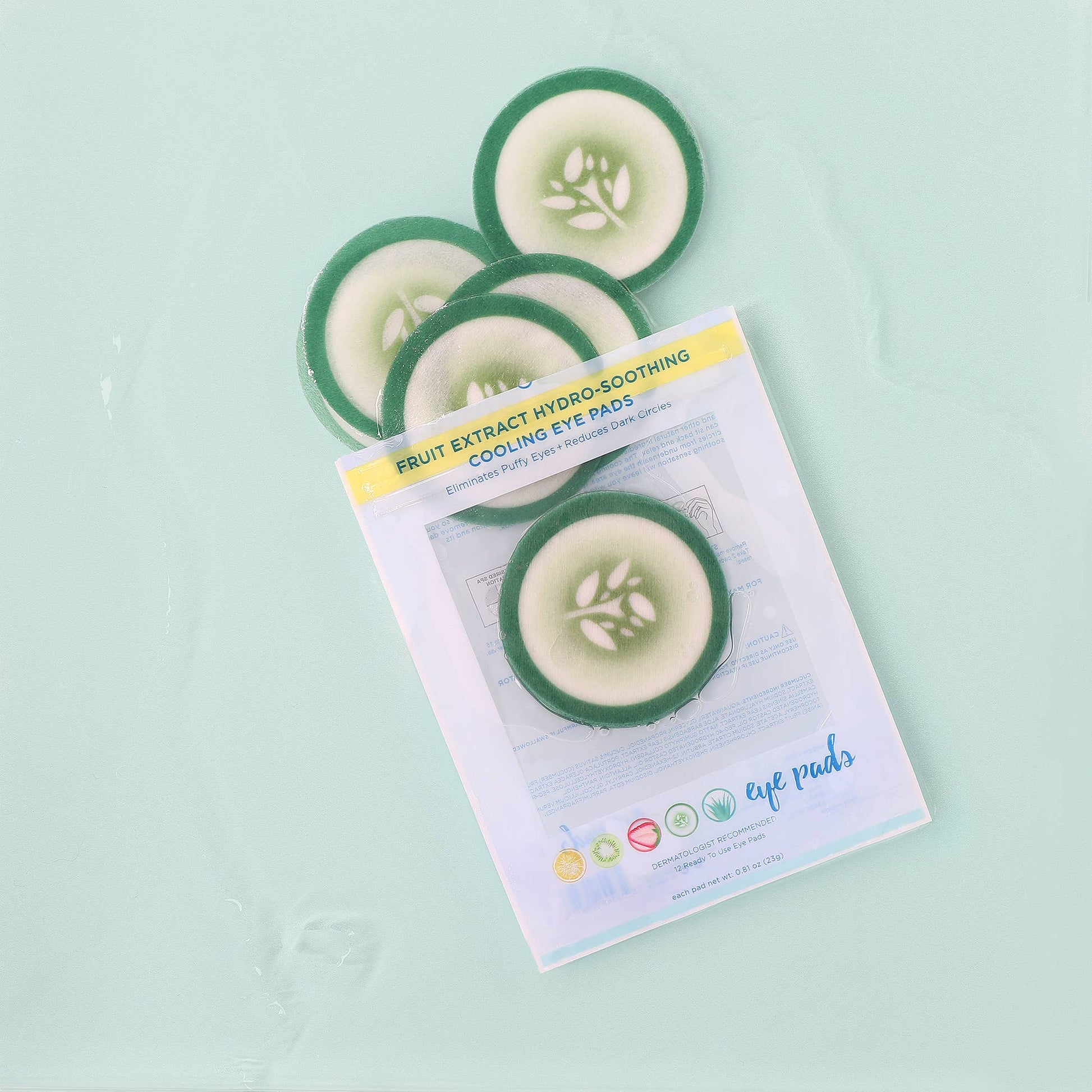 Five green Cucumber Hydro-Soothing Cooling Eye Pads, 12-pack available; hydrates skin and reduces dark circles.