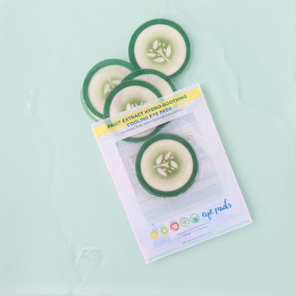 Five green Cucumber Hydro-Soothing Cooling Eye Pads, 12-pack available; hydrates skin and reduces dark circles.