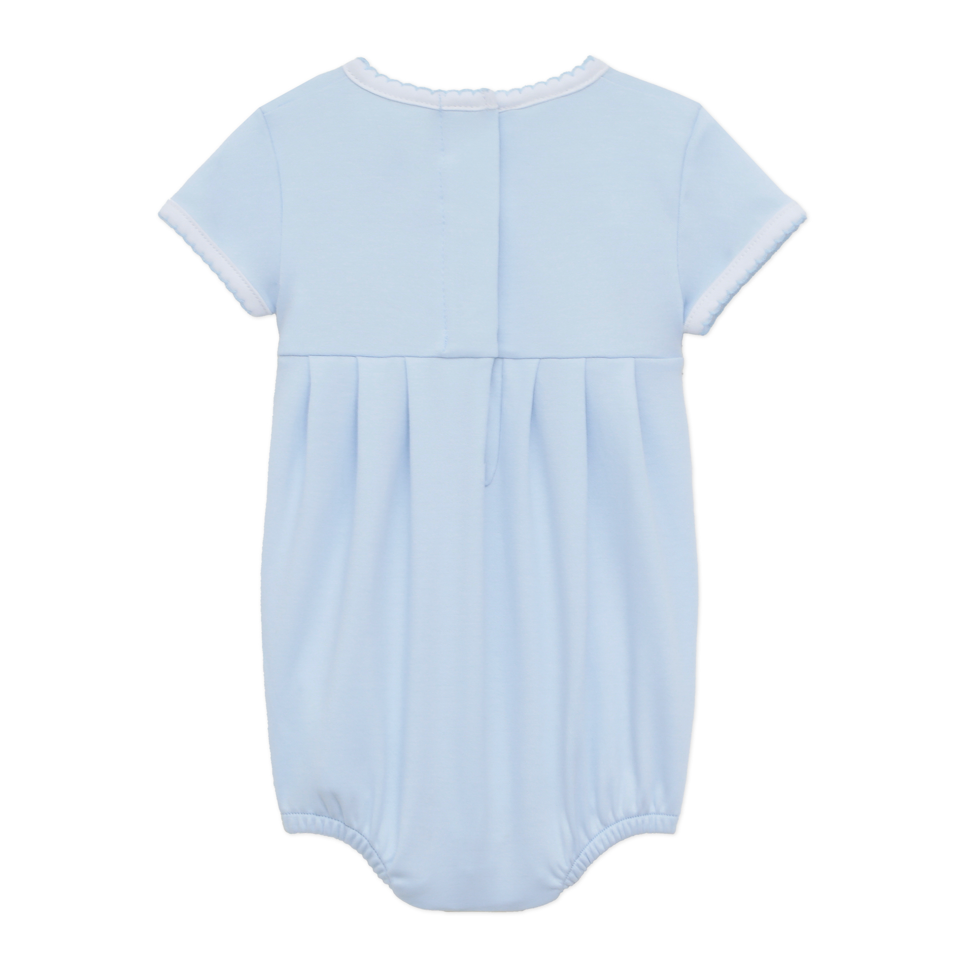 Light blue Pima cotton baby romper with short sleeves, white trim, smocked detail; sizes NB-24M.