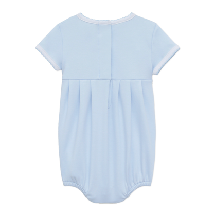 Light blue Pima cotton baby romper with short sleeves, white trim, smocked detail; sizes NB-24M.