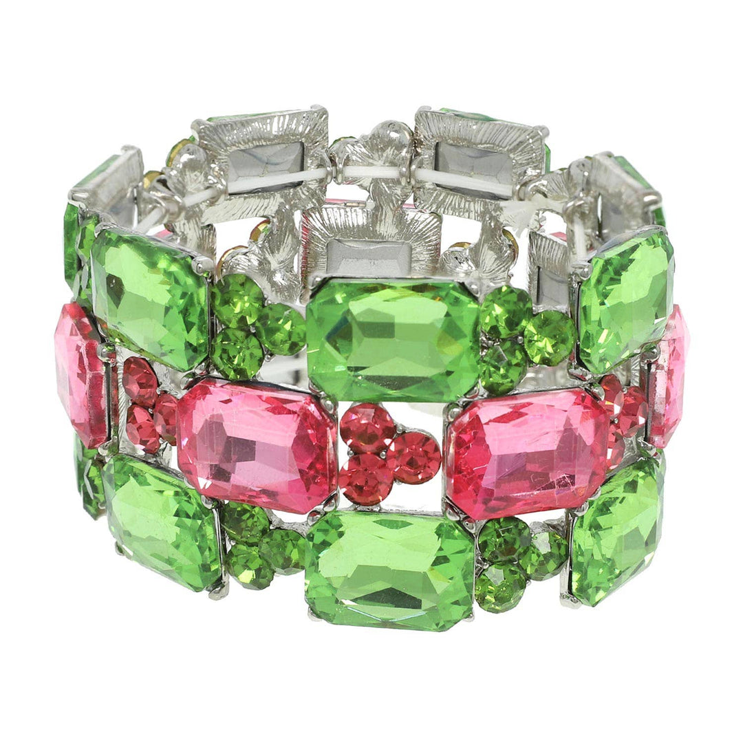 3-Row Rectangle Cut Crystal Gem Cluster Bracelet with green and pink crystals, small green/red stones. Sizes: S, M, L.