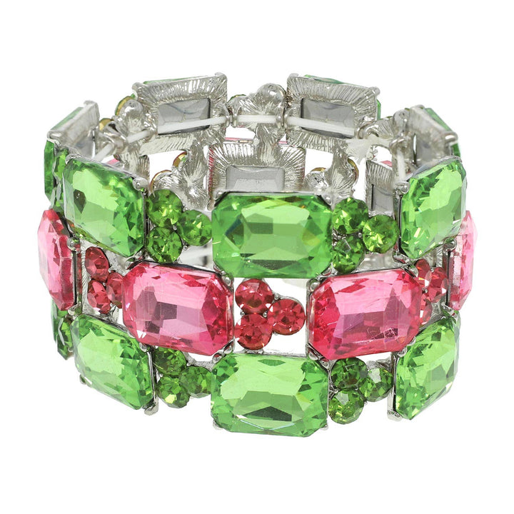3-Row Rectangle Cut Crystal Gem Cluster Bracelet with green and pink crystals, small green/red stones. Sizes: S, M, L.