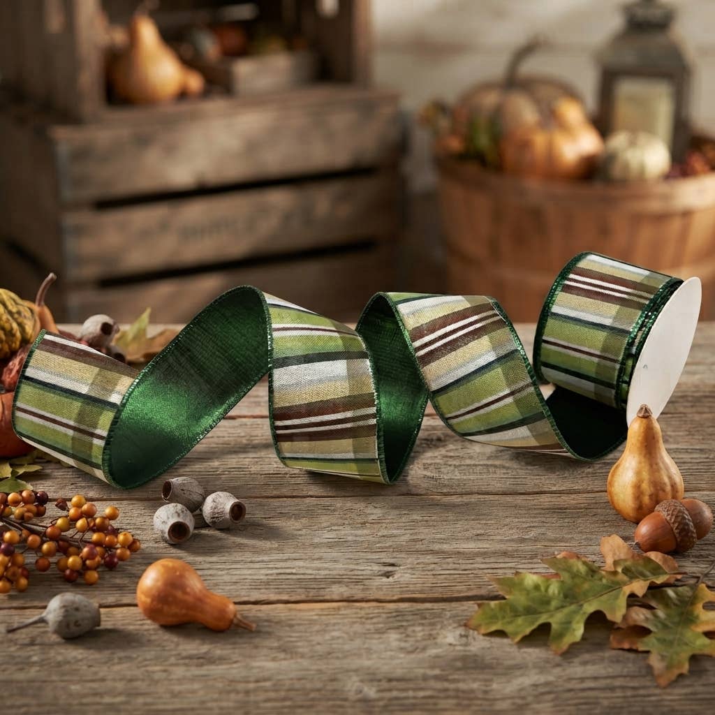 Green Ribbon with brown plaid and emerald edge/back, available in 2.5″ x 10yd, is unspooled.