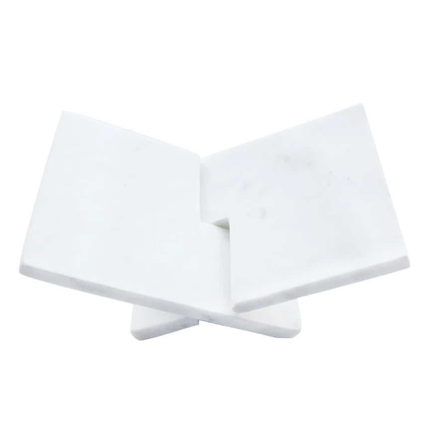 Interlocking marble book holder, two marble pieces interlocked to hold a book open