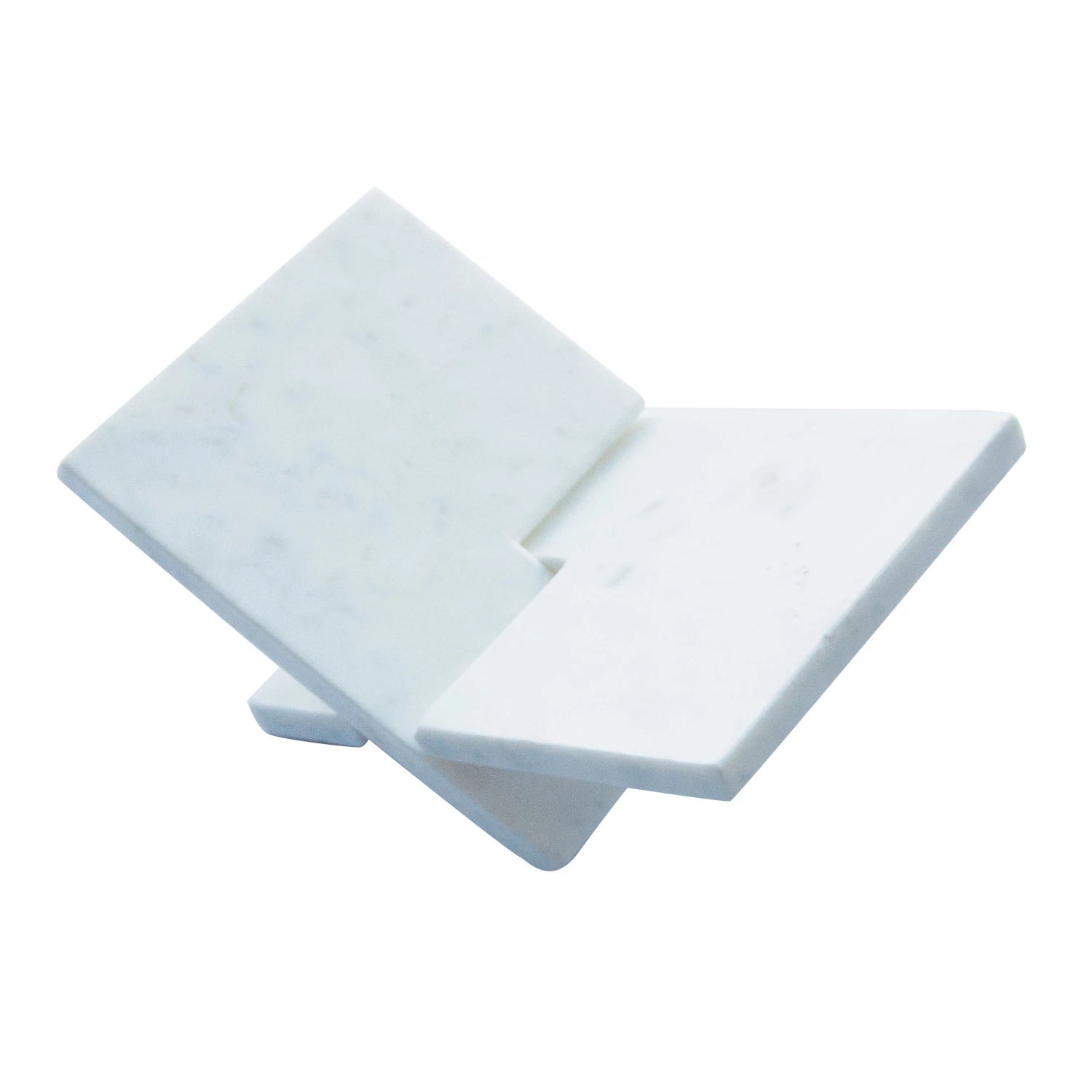 Interlocking marble book holder, two marble pieces interlocked to hold a book open, angled to the right