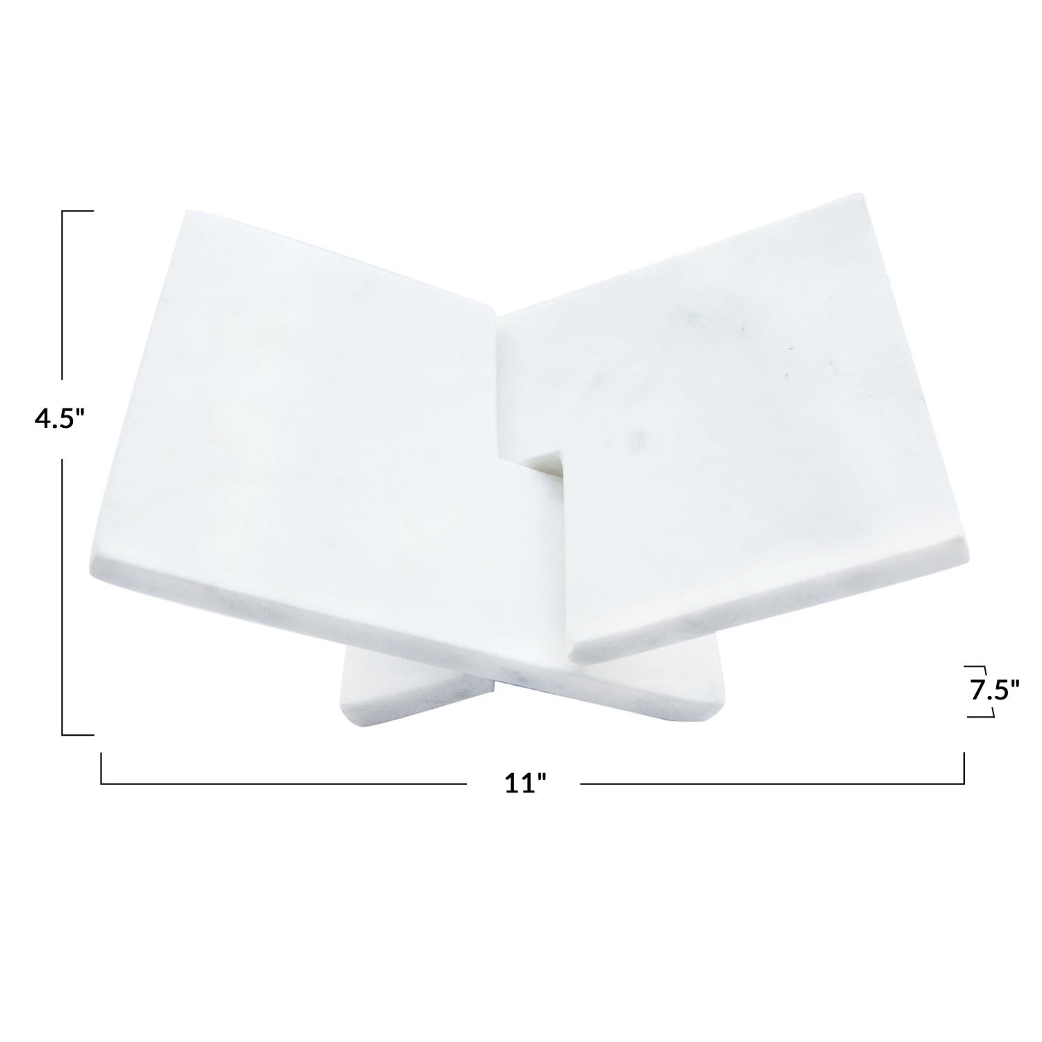 Interlocking marble book holder, two marble pieces interlocked to hold a book open, shows dimensions 11"L x 7.5"W x 4.5"H