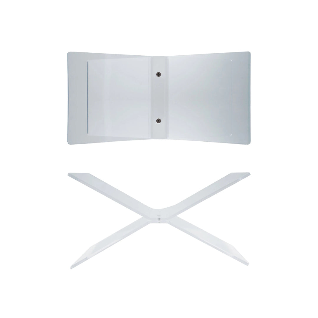 Clear acrylic X-shaped cookbook holder, top-down and side profile views.
