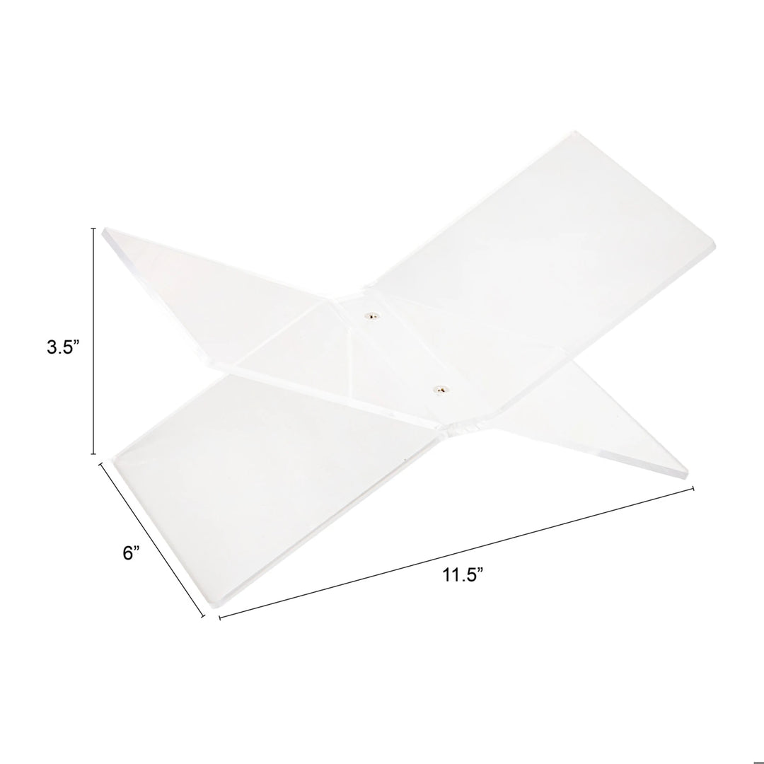 Clear, X-shaped acrylic cookbook holder, 3.5″ H x 6″ D x 11.5″ W.
