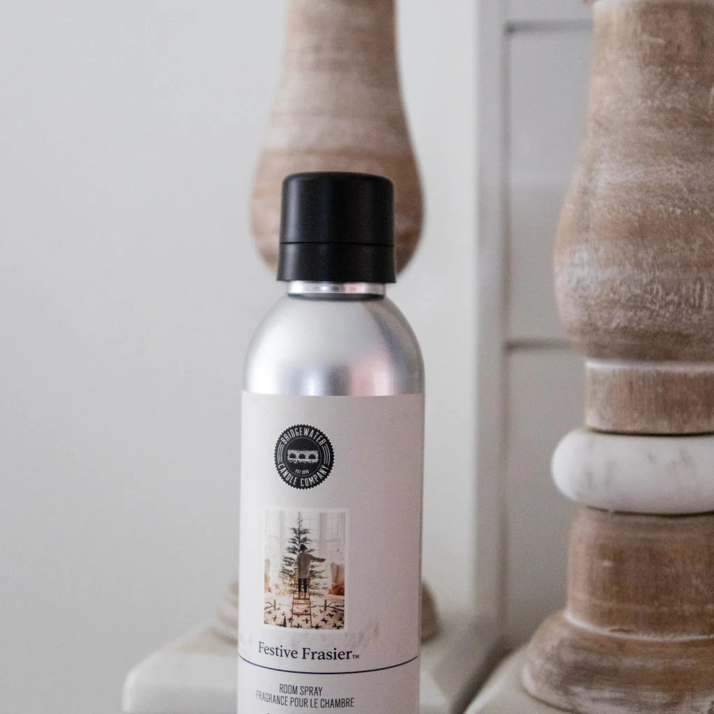 Festive Frasier Non-Aerosol Room Spray in a silver metal bottle with a black pump top.