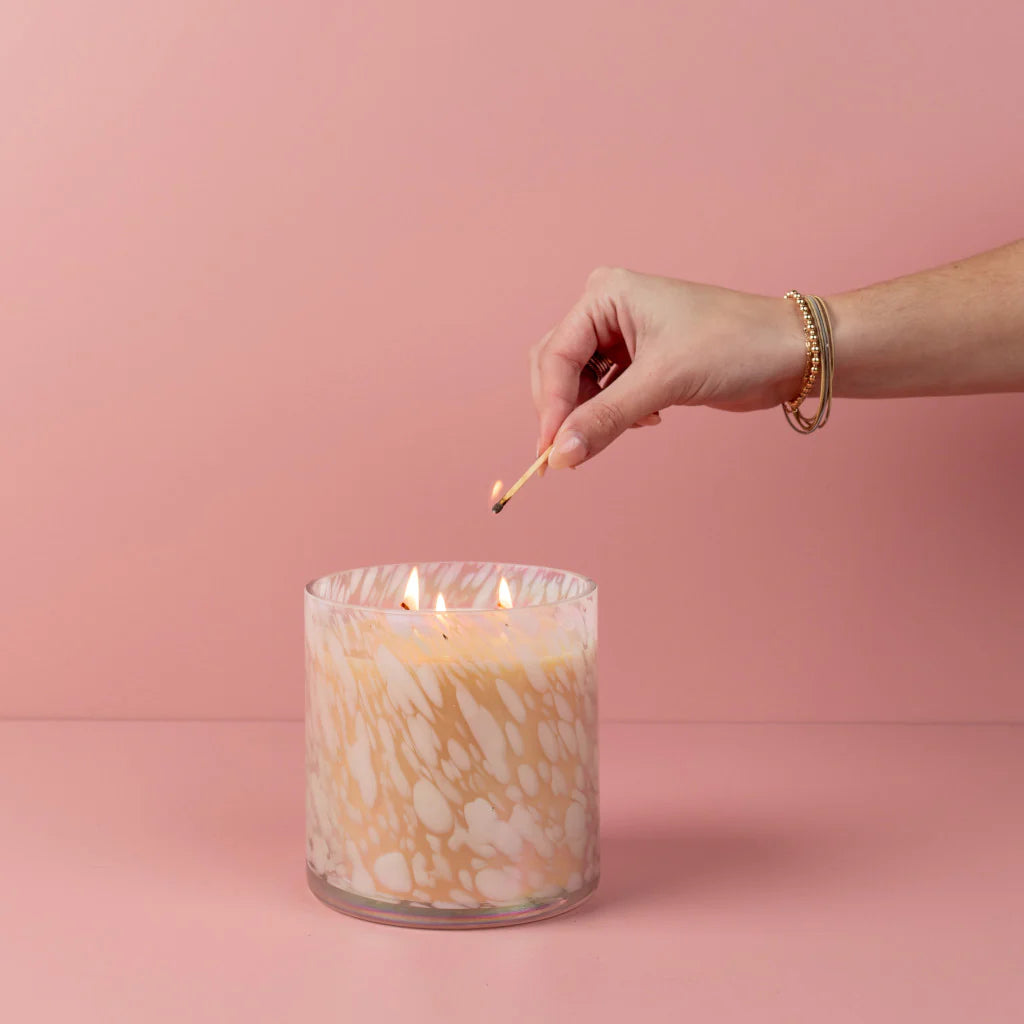 Sweet Grace Collection Candle #058: Large three-wick soy-blend candle in marbled glass jar. Available size: 21.6 oz.