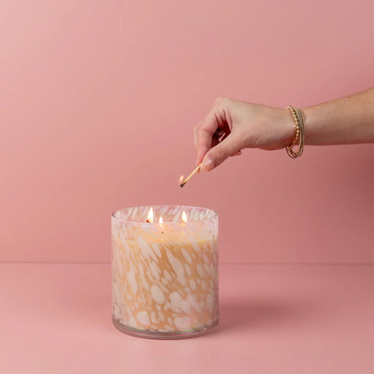 Sweet Grace Collection Candle #058: Large three-wick soy-blend candle in marbled glass jar. Available size: 21.6 oz.