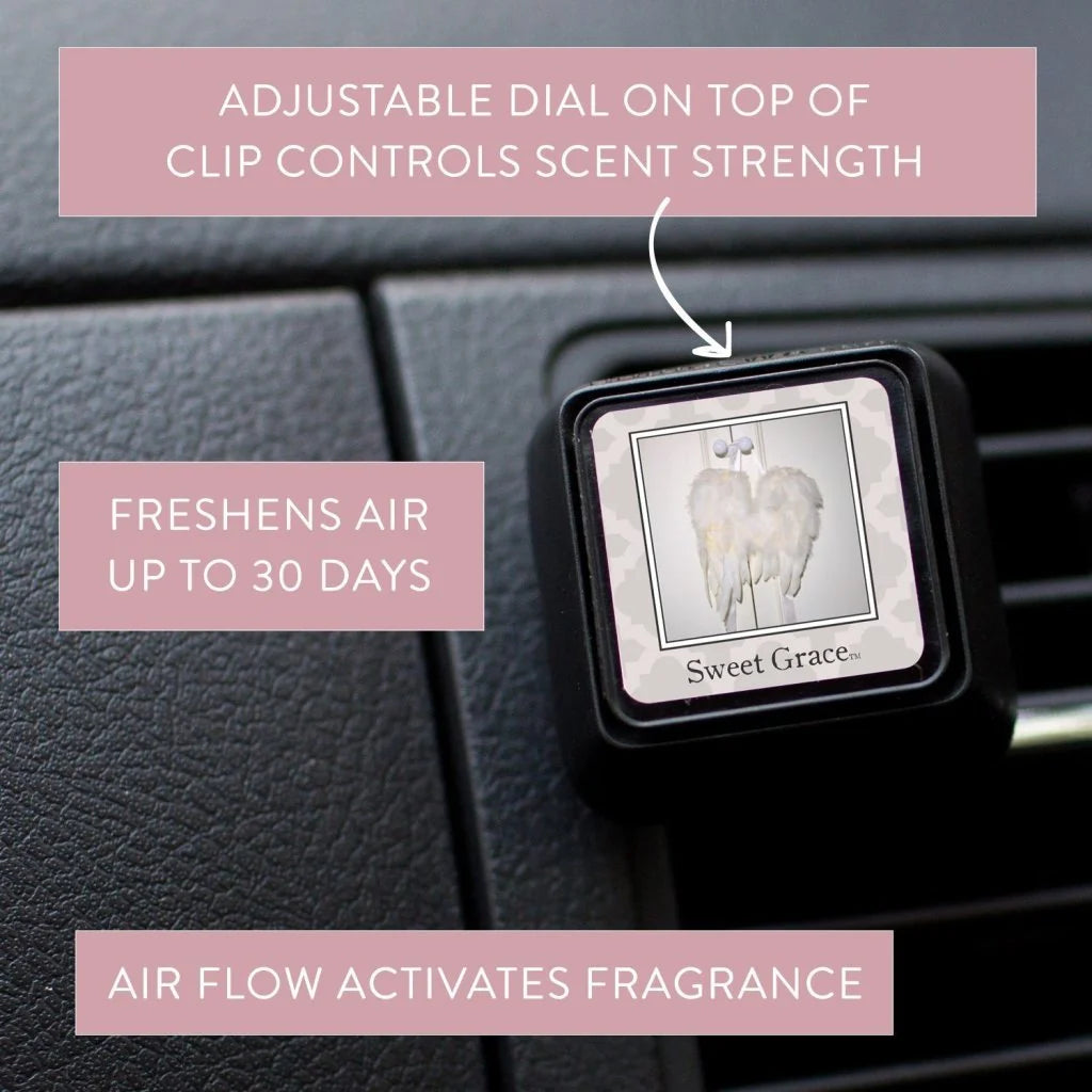 Black Sweet Grace Auto Vent Clip with angel wing square insert and scent strength dial.