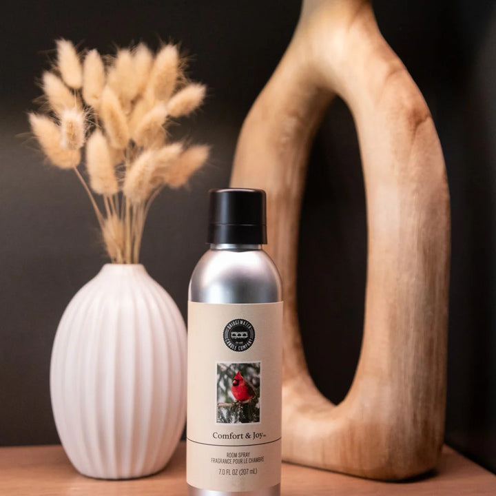 Comfort &amp; Joy Non-Aerosol Room Spray, 7.0 fluid ounce metal bottle with cardinal label.