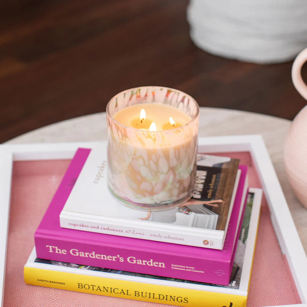 Sweet Grace Collection Candle #058 in glass holder. Sizes available: small (8.5 oz), medium (15 oz), and large (20.8 oz).