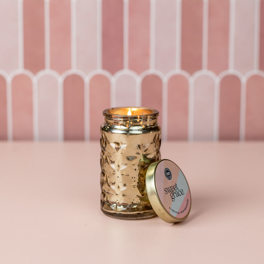 Sweet Grace Collection Candle #022: Gold-patterned glass jar, soy-blend wax. Available sizes: Small, Medium, Large.