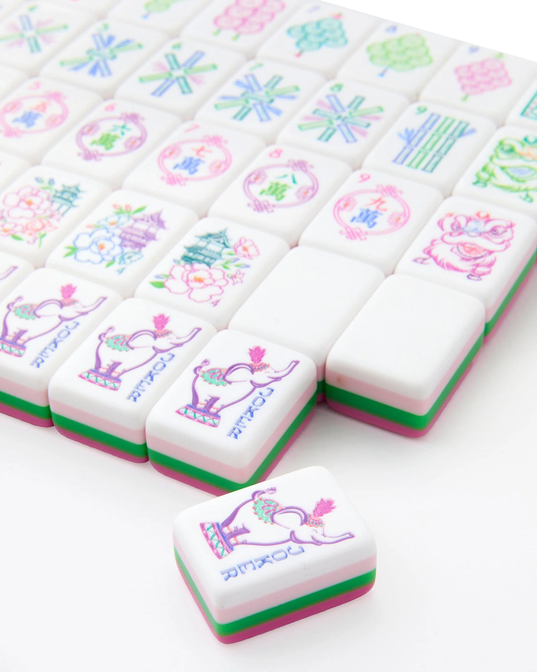 Amara Mahjong Tiles with pastel floral designs on acrylic. Available in standard and large sizes.