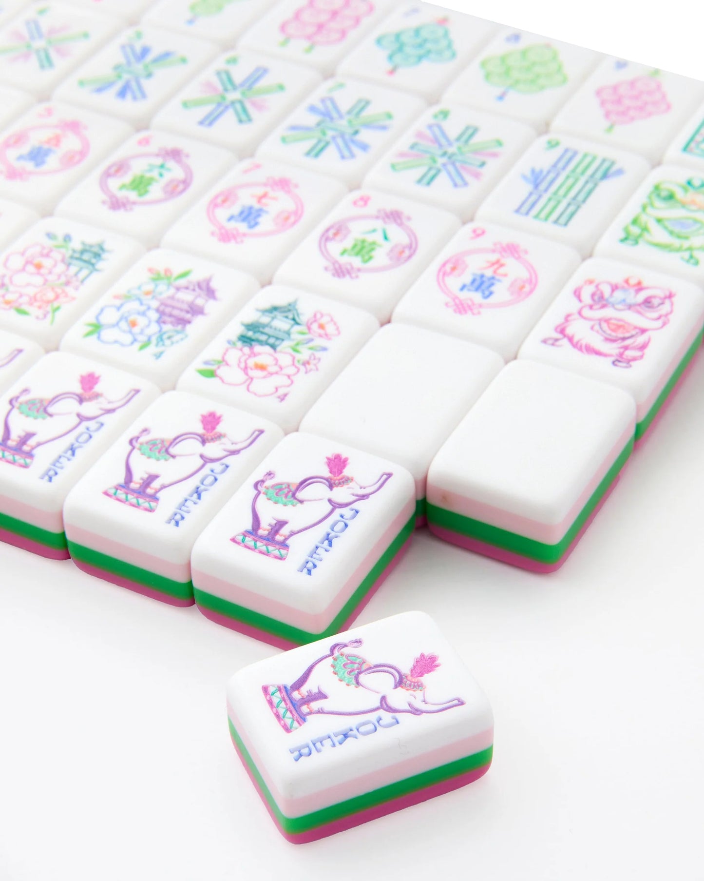 Amara Mahjong Tiles with pastel floral designs on acrylic. Available in standard and large sizes.