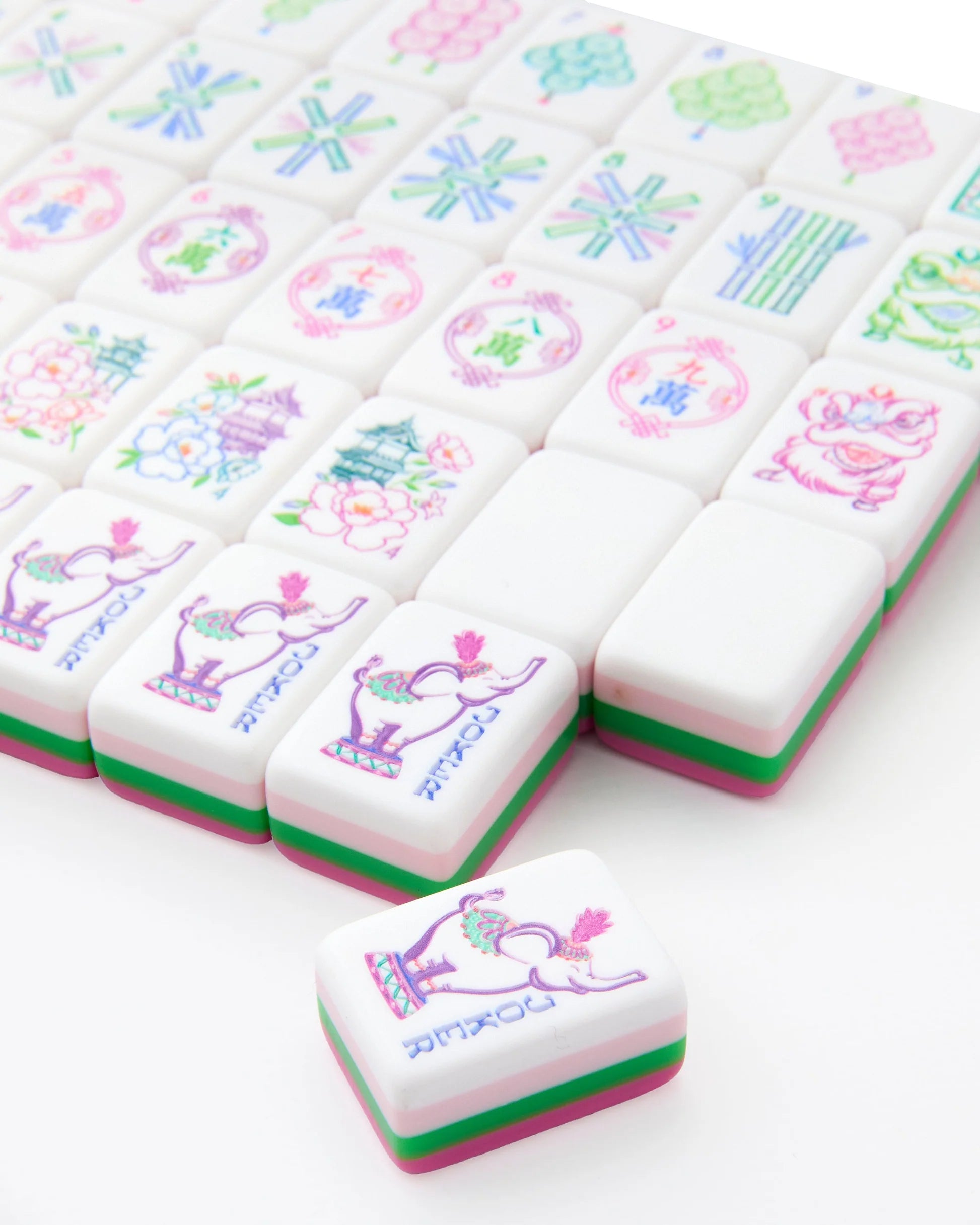 Amara Mahjong Tiles with pastel floral designs on acrylic. Available in standard and large sizes.