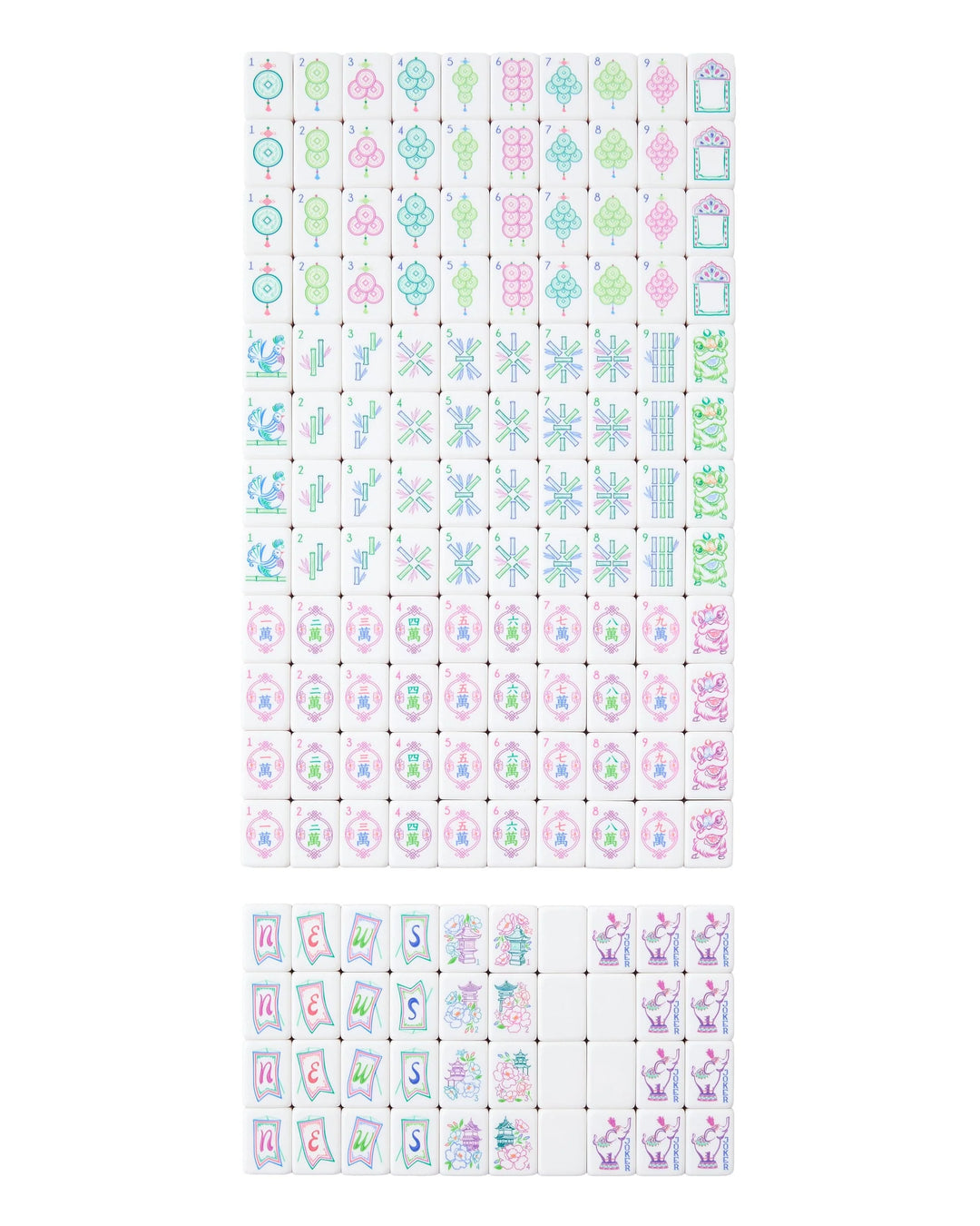 Amara Mahjong Tiles, acrylic, vibrant designs of coins, bamboo, flowers, pagodas, lions, elephants; available in multiple sizes.