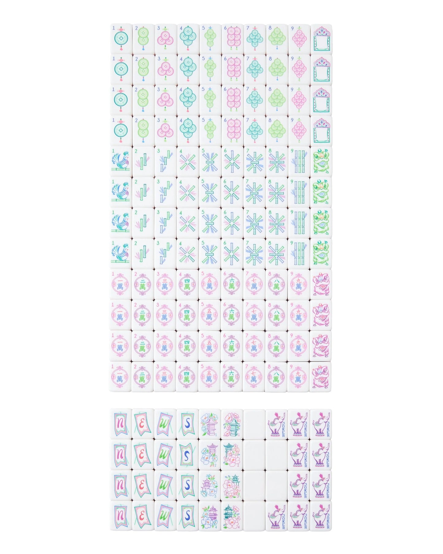 Amara Mahjong Tiles, acrylic, vibrant designs of coins, bamboo, flowers, pagodas, lions, elephants; available in multiple sizes.